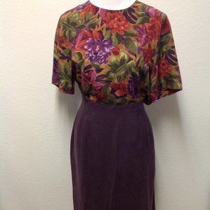 Vintage Alfred Dunner 100% Silk Floral Blouse Deep Plum A-Line Skirt Set Size 12